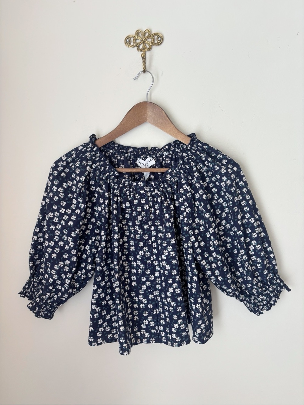 Apiece Apart Navy Block Print Casa Button Front Top Small